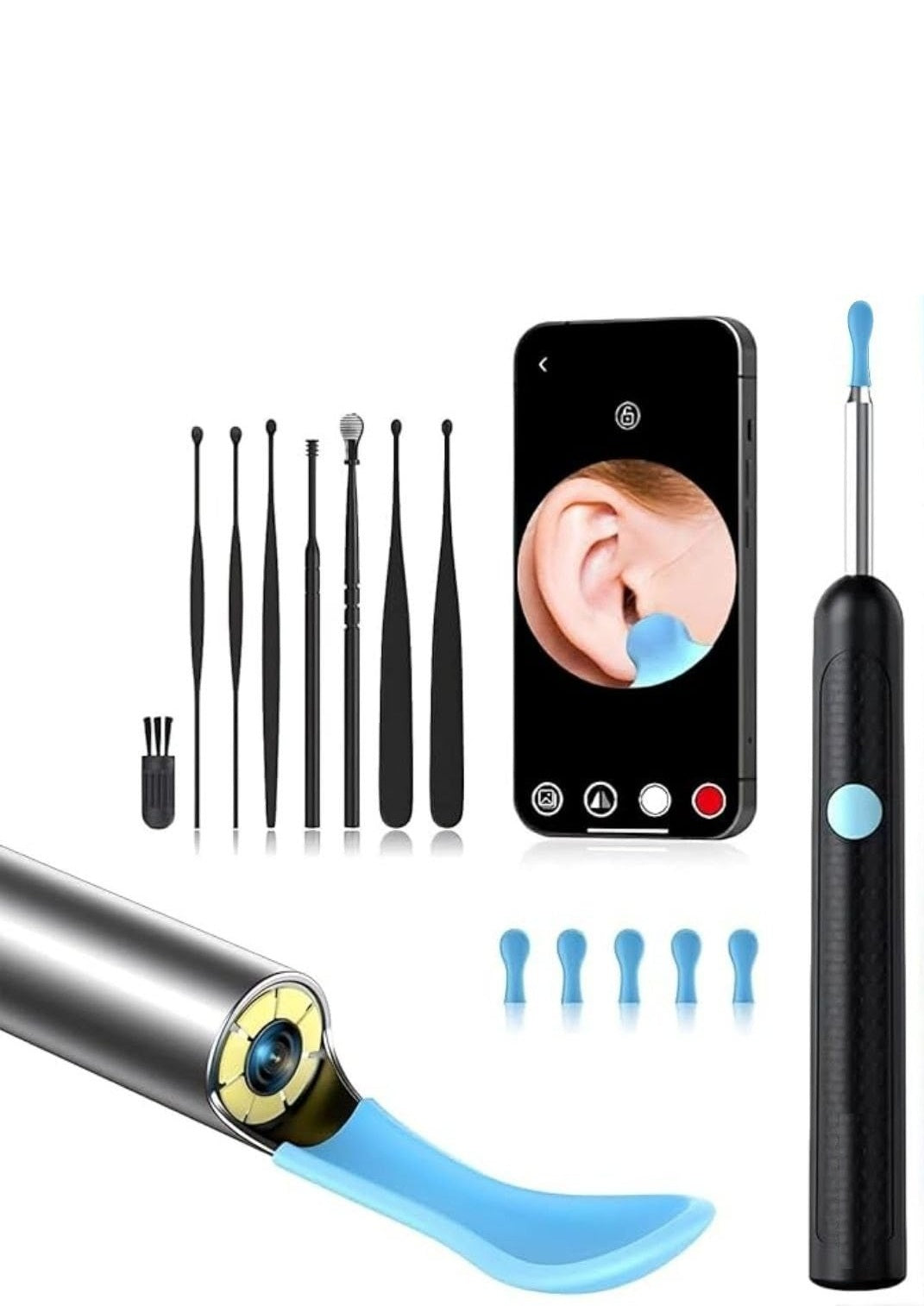 Ear Wax Removal, Ear Cleaner with Camera, Ear Wax Removal Kit with 1080P, Ear Camera Otoscope with Light, Ear Cleaning Kit with Cap for iPhone, iPad, Android Phones (Grey)