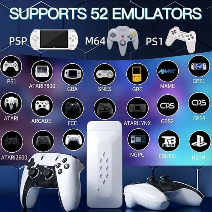 M22 Game Stick Console  30,000+ Preloaded Modern & Retro Games  64GB TF Card  2.4G Wireless Dual Controllers  1080p HDMI Plug & Play for TV  Supports 52+ Emulators