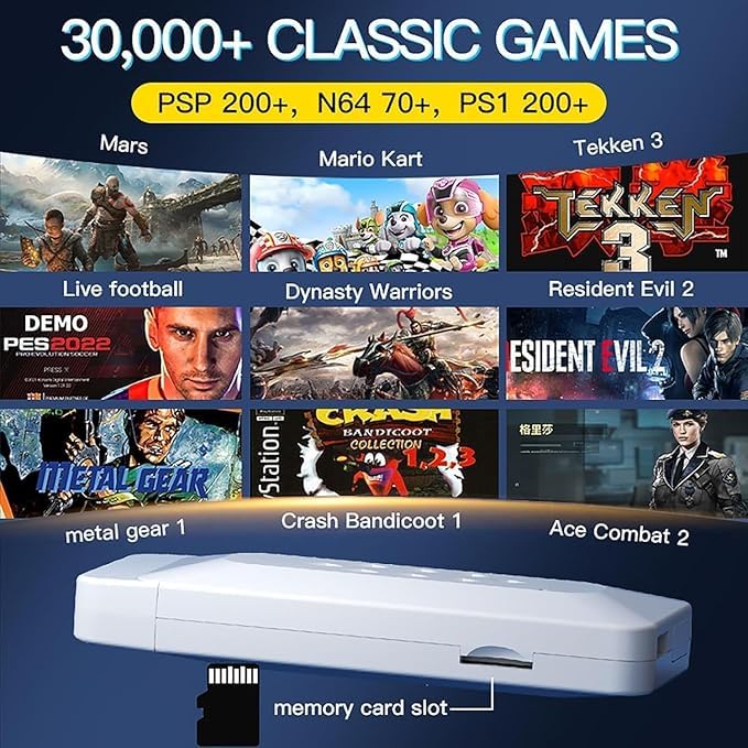 M22 Game Stick Console  30,000+ Preloaded Modern & Retro Games  64GB TF Card  2.4G Wireless Dual Controllers  1080p HDMI Plug & Play for TV  Supports 52+ Emulators