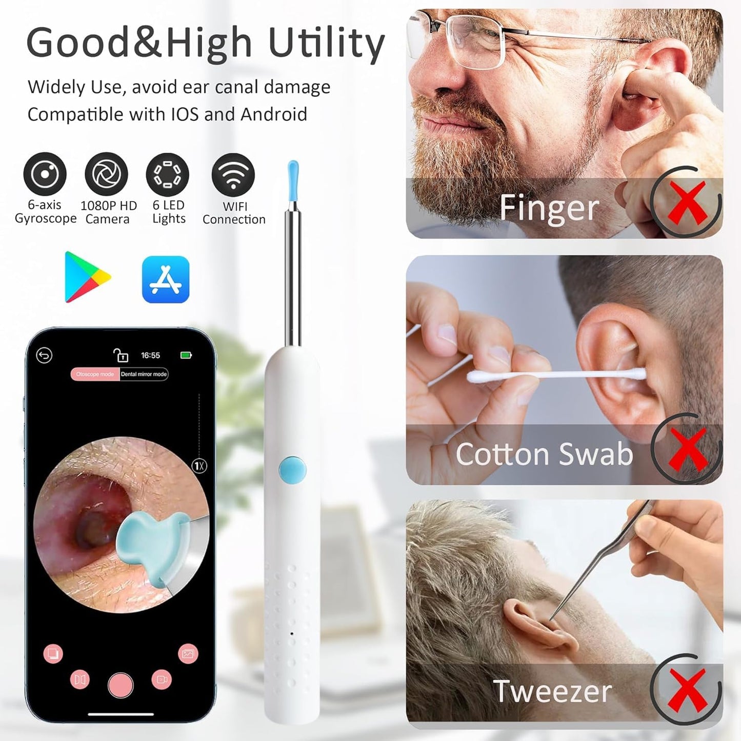 Ear Wax Removal, Ear Cleaner with Camera, Ear Wax Removal Kit with 1080P, Ear Camera Otoscope with Light, Ear Cleaning Kit with Cap for iPhone, iPad, Android Phones (Grey)